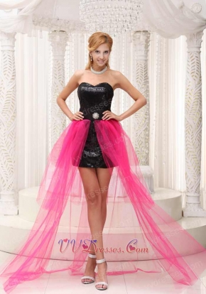 Personalized Paillette Short Black Prom Gowns With Hot Pink Layers Train