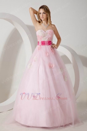 2014 Sweetheart Neck Pink Net Prom Dress With Fuchsia Belt