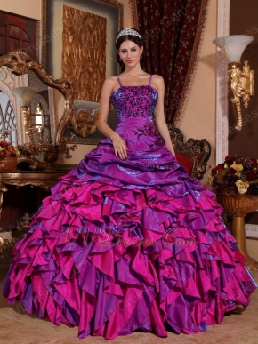 Straps Purple and Fuchsia Quinceanera Gown With Embroidery