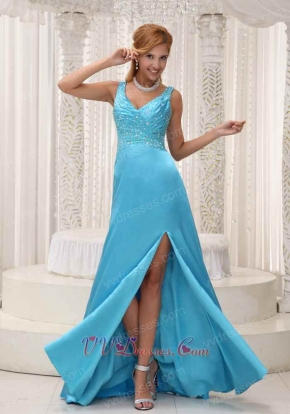 Upper Body Beaded Decorate Sky Blue Evening Dress High Slit