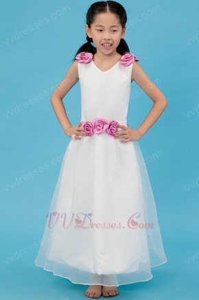 Cheap V-Neck Pink Flowers A-line Wedding Flower Girl Dresses