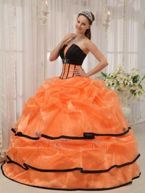 Strapless Orange Organza Quinceanera Dress With Black Bordure