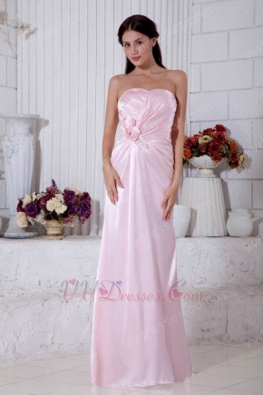 Strapless Ruched Bodice Pink Bridesmaid Prom Dress With Flowers