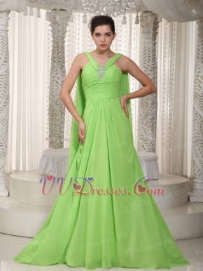 Spring Green V-neck Watteau Drapped Prom Dress Designer Your Own Inexpensive