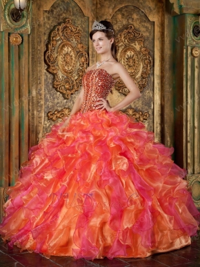 Beaded Orange And Hot Pink Ruffles Skirt Quinceanera Gown