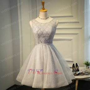 Scoop Silver Lace Knee Length Homecoming Dress For Young Girl