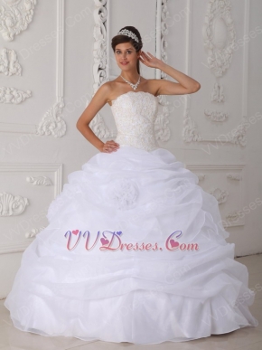 Strapless Lace Appliqued White Organza Quinceanera Dress