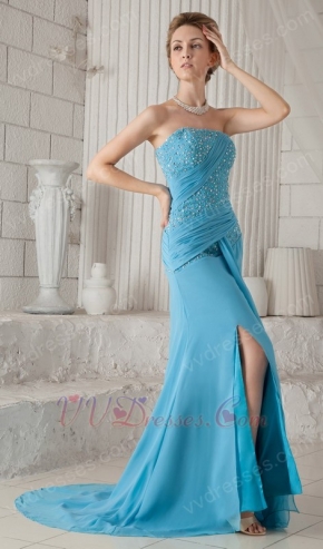 Column Strapless Front Split Skirt Aqua Blue Prom Celebrity Dress