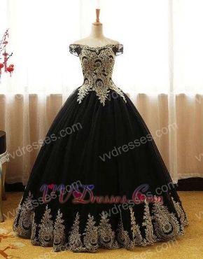 Gold Pineapple Flower Pattern Applique Puffy Tulle Black Court Ball Gown Lady Wear