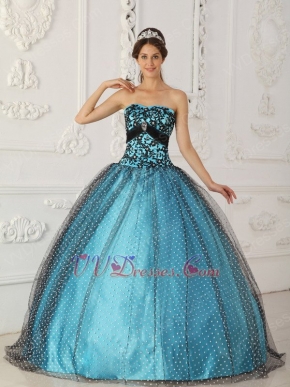 Pretty Dotted Tulle Fabric Prom Ball Gown With Black Applique