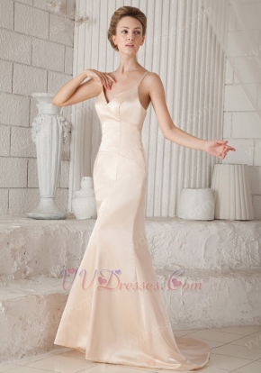 Mermaid Sweep Train Champagne Prom Dress With Spaghetti Straps