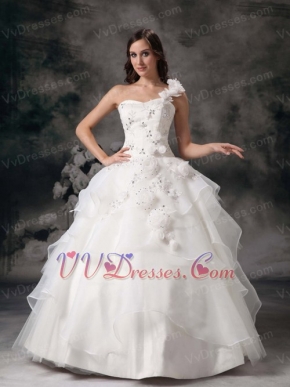 White A-line One Shoulder Organza Puffy Wedding Dress Cheap Low Price