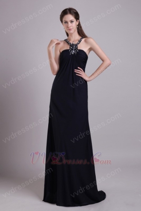 Scoop Halter Design Black Chiffon Beaded Evening Dress