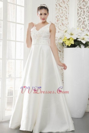 Classic V-Neck Beading Bodice A-line Floor Length Ivory Bridal Dress
