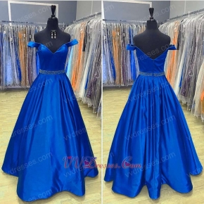 Not Puffy Ball Gown For Dance Royal Blue Satin Draped Skirt With Pockets