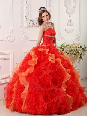 Sweetheart Red And Orange Ruffled Skirt Dress For Quinceanera