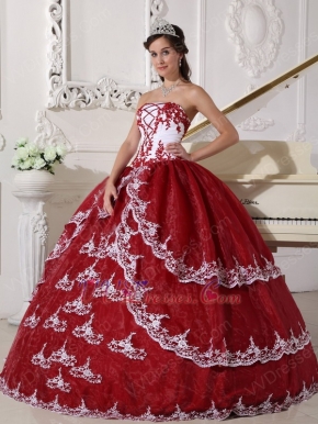 Strapless Wine Red Puffy Quinceanera Gown With Lace Decorate