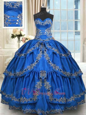 Royal Blue Western Quinceanera Gown Cake Layers Skirt Silver Embroidery Edge