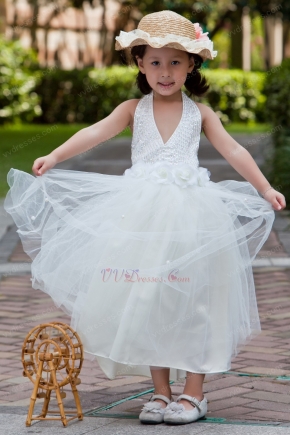 Halter V Neck Beading Belt Ankle Length Tulle Toddler Flower Girl Dress