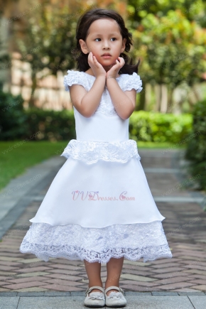 Cheap Scoop A-line Cap Sleeves White Lace Chiffon Flower Girl Dress