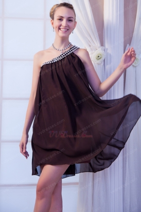 One Shoulder Crystals Brown Chiffon Short Graduation Dress