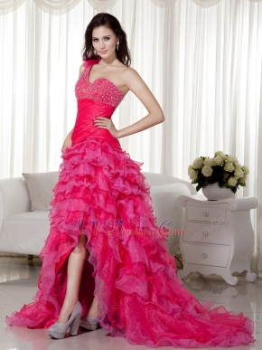 One Shoulder High Low Style Skirt Hot Pink Evening Dress