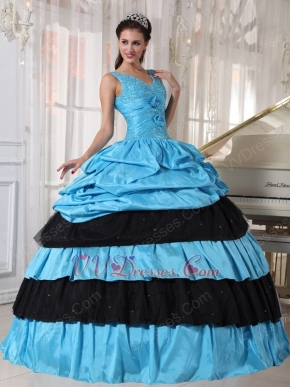 V Neckline Cheap Sky Blue Quinceanera Dress With Black