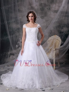 Pretty Square Neck White Organza Wedding Dress With Lace Low Price