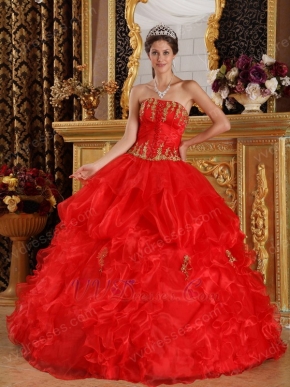 Scarlet Quinceanera Dress Customized With Gold Applique