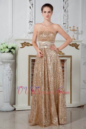 Flaring Strapless Gold Sequin Fabric Evening Dress With Sash