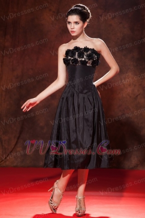 Black Hand Made Flowers Prom Dress With Tea-length Taffeta Skirt Inexpensive