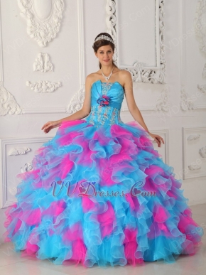 Strapless Hot Pink And Aqua Ruffle Skirt Quinceanera Gown