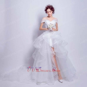 Ruched V neck High Low White Tulle Beach Wedding Dresses Princess