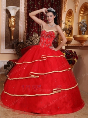 Red Sweetheart Quinceanera Dress Layers Skirt With Gold Bordure