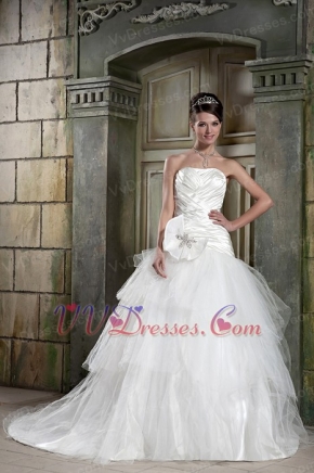 Popular Strapless Taffeta Bodice Bridal Dress With Puffy Skirt Low Price