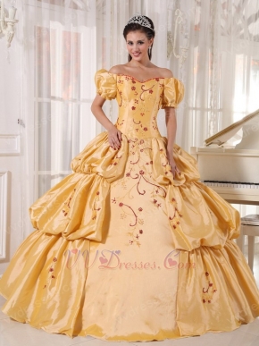 Short Sleeves Golden Quinceanera Dress Off Shoulder Neck