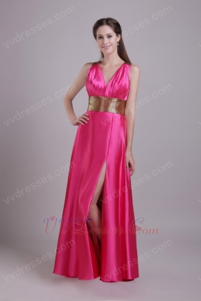 Fuchsia V Neck Slit Skirt Evening Dress With Golden Sash