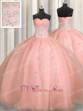 Very Puffy Blush Pink Quince Court Ball Gown Silver Embroidery With Big Petticoat