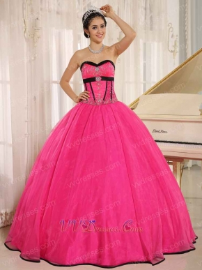 Pretty Puffy Floor Length Hot Pink Qunceanera Court Gown Black Details