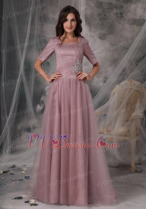 Half Sleeves Square Side Beaded Flamingo Mother of the Bride Dress Modest