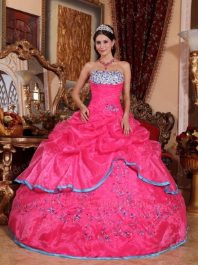 Hot Pink Strapless 2014 Girl Quinceanera Dress With Embroidery