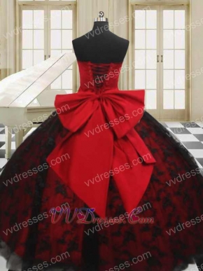 Red With Black Plain Lace Skirt Lovely Quinceanera Ball Gown With Big Bowknot Back