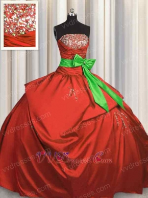 Puffy Red Taffeta Quinceanera Sweet 16 Ball Gown With Spring Green Bowknot