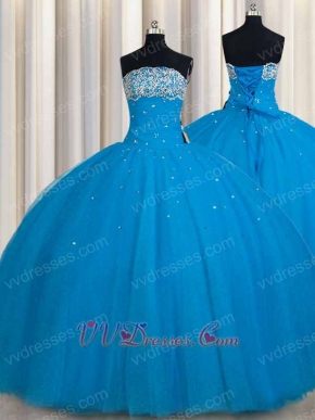 From Bust To Waist Full Polyester Boning Deep Sky Blue Quinceanera Gown With Crinoline