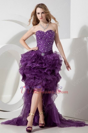 Grape Organza Sweetheart Beading High Low Short Prom Dress