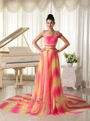 Yellow Hot Pink Mixed Ombre Chiffon One Shoulder Beauty Contest Runway