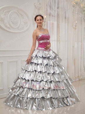 Flaring Layers Cascade Trimed Skirt Silver Quinceanera Dress