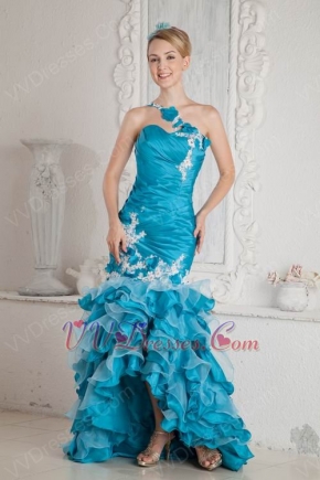 One Shoulder Appliques High Low Mermaid Blue Evening Dress