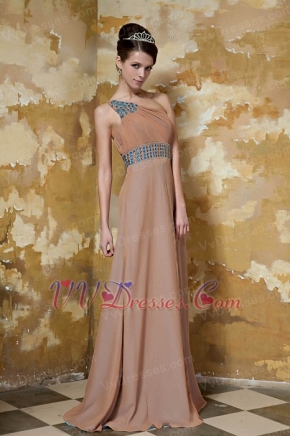 One Shoulder Floor-length Brown Chiffon Prom Dress With Beaded Sash Inexpensive