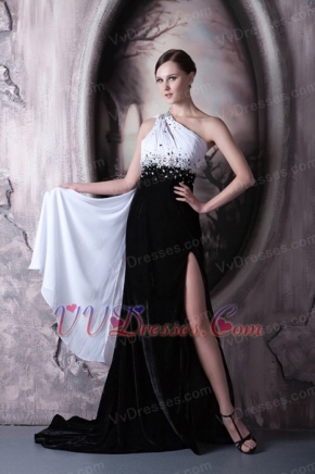 White and Black One Shoulder Prom Dress With Drapped Emberllishment Inexpensive